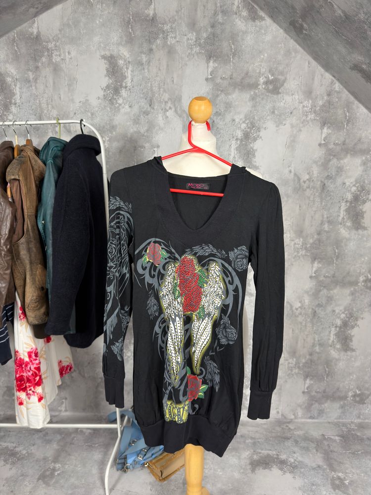 Black Long Sleeve Top With Floral And Snake Design