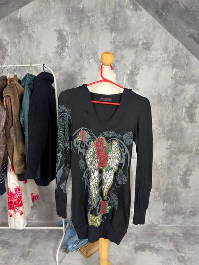 Black Long Sleeve Top With Floral And Snake Design