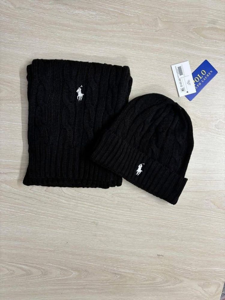 Polo Ralph Lauren Black Knit Scarf And Beanie Set