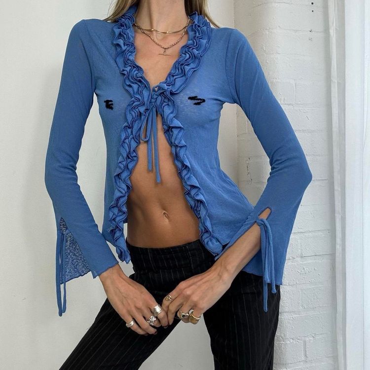 Blue Ruffle Trim Cardigan