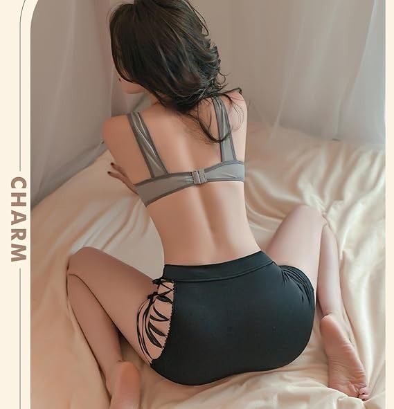Immagine di Grey Strappy Bra Top And Black Lace-Up Mini Skirt Set 5