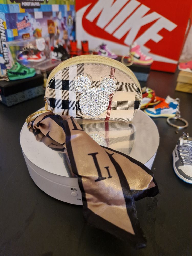 Small Beige Plaid Pouch With Rhinestone Mickey Mouse Design