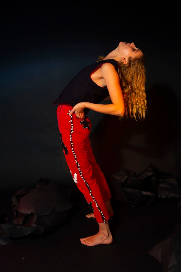 Red Embroidered Patchwork Jeans 3