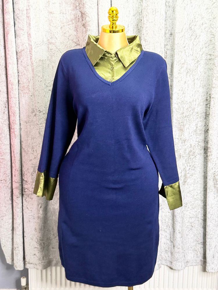 Nina Leonard Nina Leonard Blue Dress With Green Collar And Cuffs product image