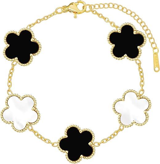 Swarovski Four Leaf Clover Bracelet for Women 18K Gold Plated Stainless Steel Lucky 4 Leaf Chain Link Adjustable Bracelets Jewelry Gift for Women/White/Black Bracelets (Gold Clover Bracelet/White) product image