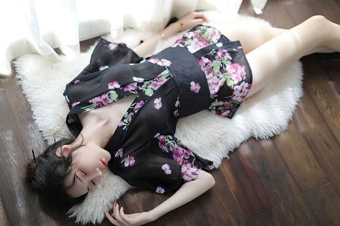 Immagine di Black Floral Kimono Robe With Matching Shorts 6
