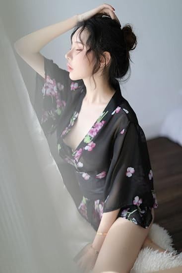 Black Floral Kimono Robe With Matching Shorts image 1
