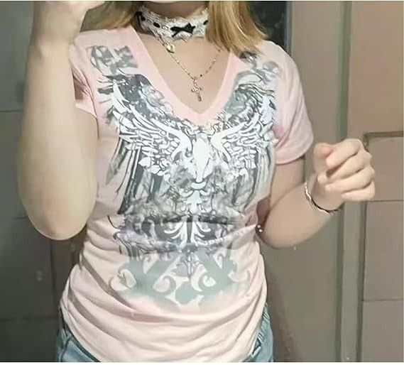 Other Pink V-Neck T-Shirt With Winged Skull Graphic product image