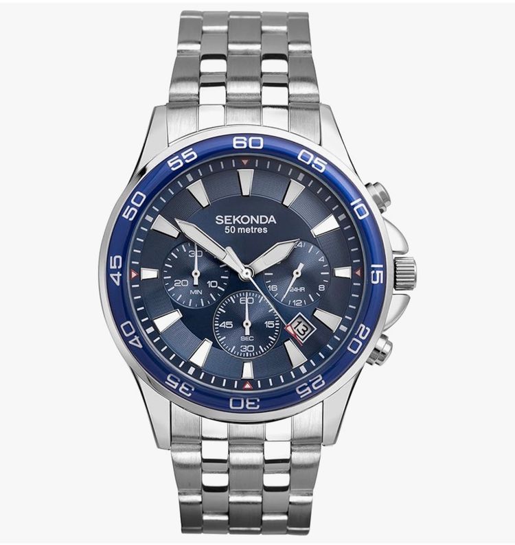 MENS 44MM SEKONDA WATCH BLUE/SILVER- NEW