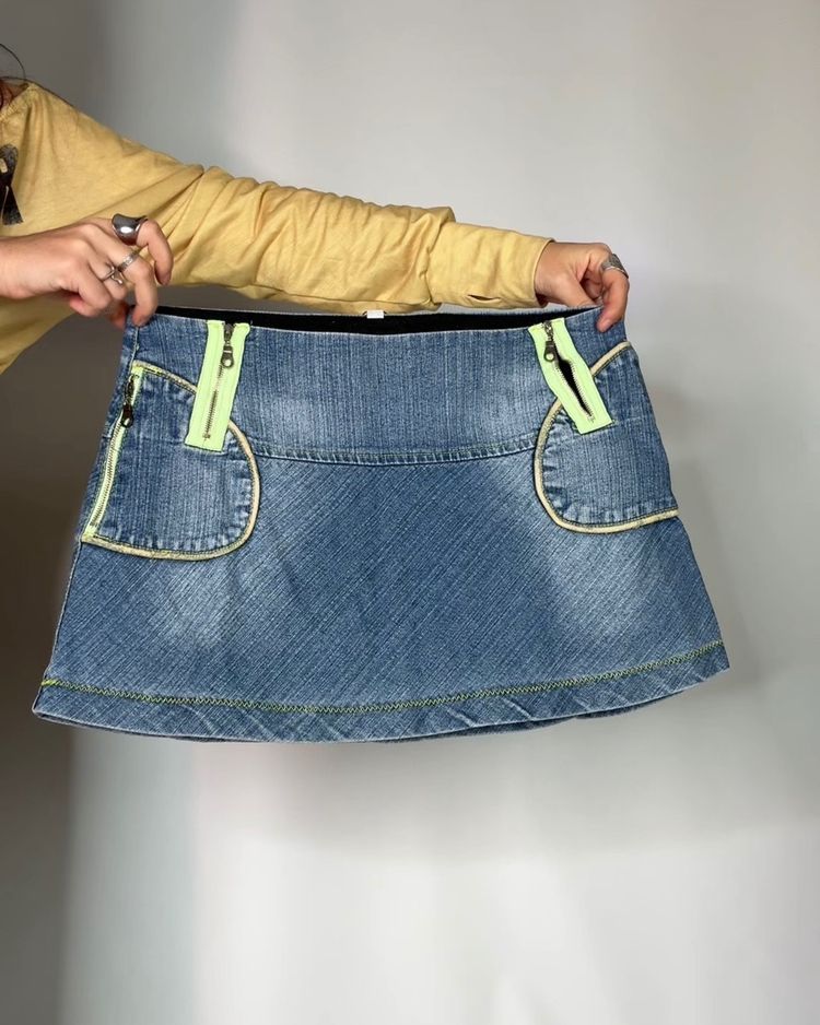Other Denim Mini Skirt With Neon Green Zipper Details product image