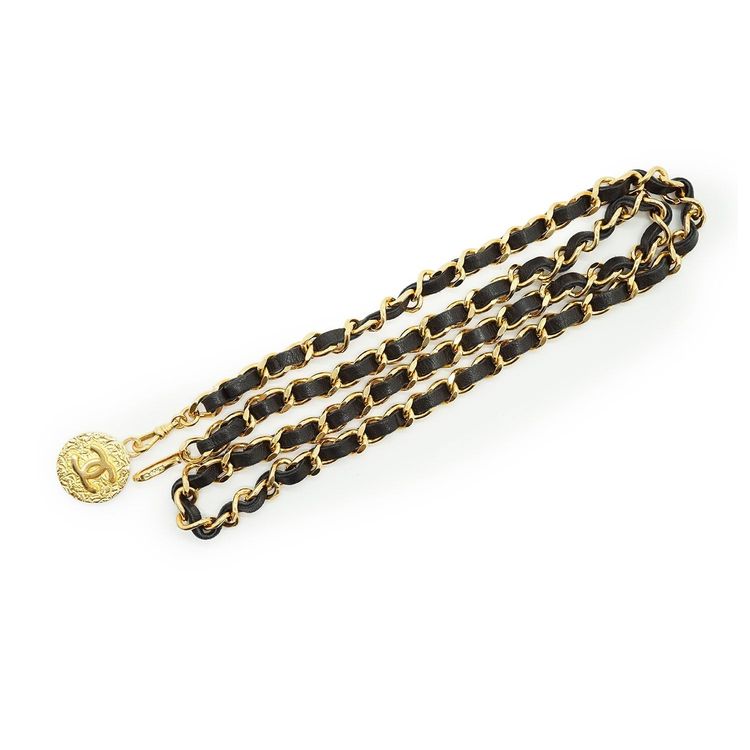 Cintura a catena Chanel vintage in metallo dorato con medaglione CC nero 1982 5