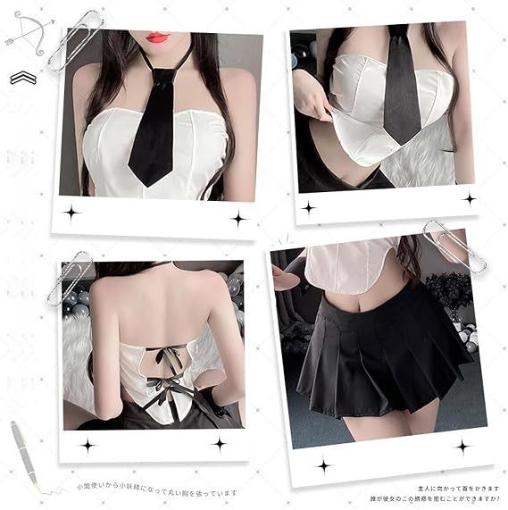Black And White Cosplay Outfit With Tie And Pleated Skirt image 4