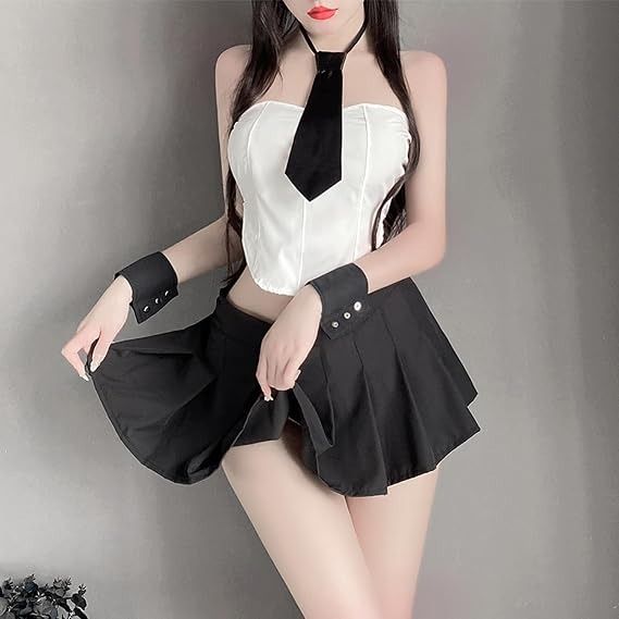 Black And White Cosplay Outfit With Tie And Pleated Skirt image 3
