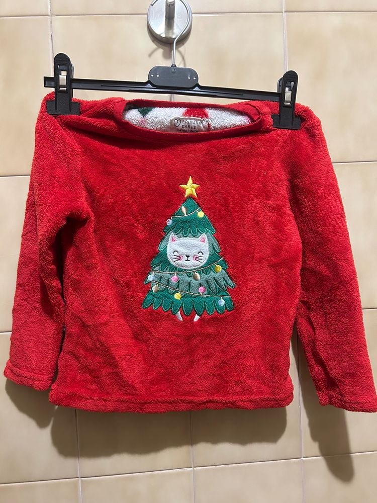 Red Fleece Sweater With Christmas Tree Cat Design