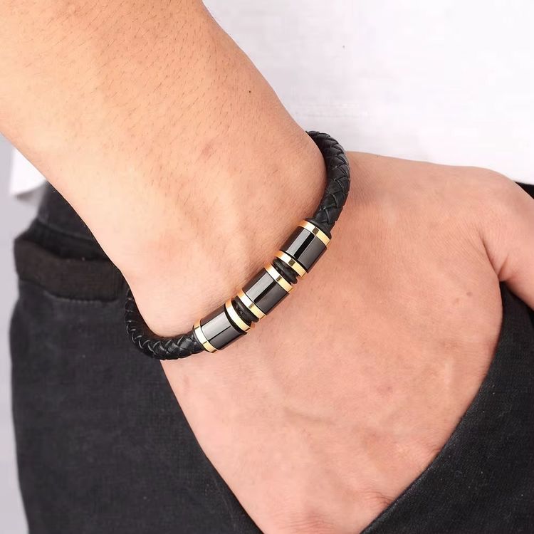 Black Braided Leather Bracelet With Black And Gold Accents image 1