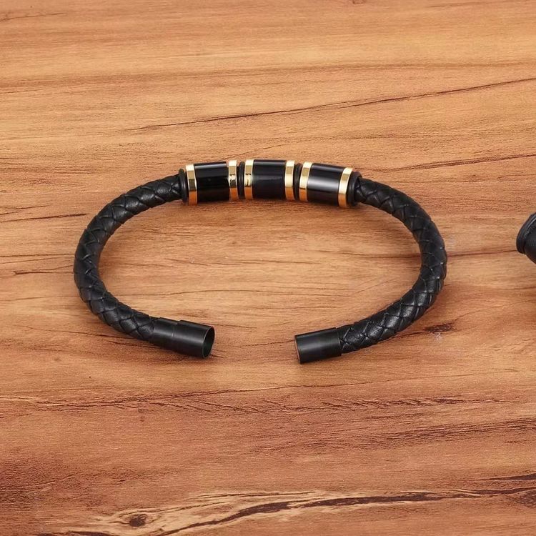 Black Braided Leather Bracelet With Black And Gold Accents image 4