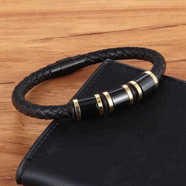Black Braided Leather Bracelet With Black And Gold Accents image 6