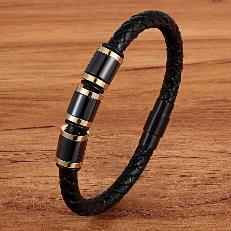 Black Braided Leather Bracelet With Black And Gold Accents image 2