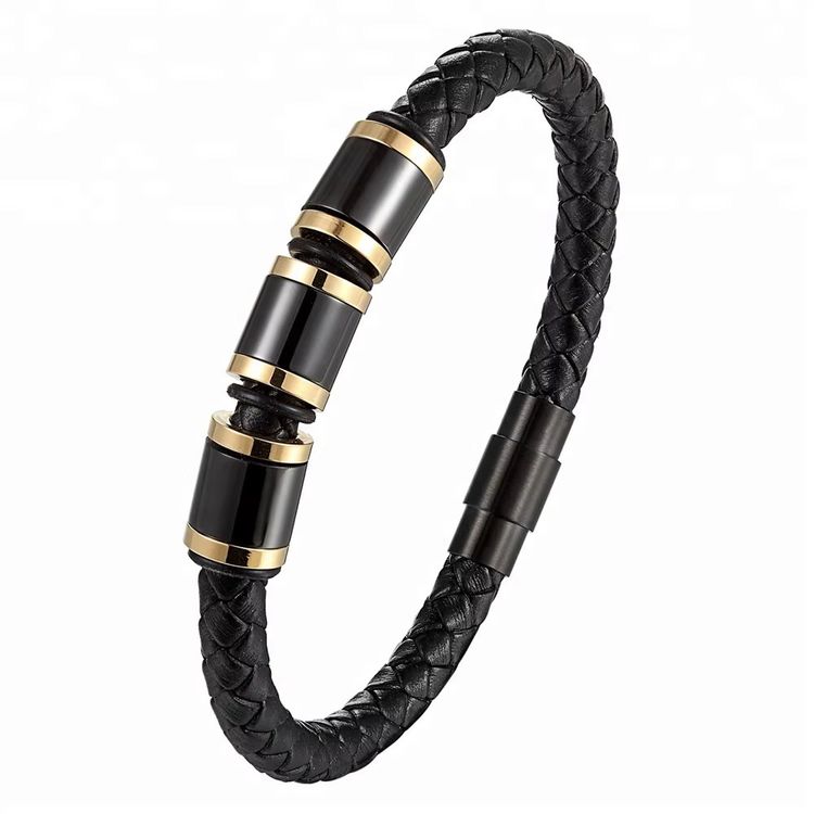 Black Braided Leather Bracelet With Black And Gold Accents image 3