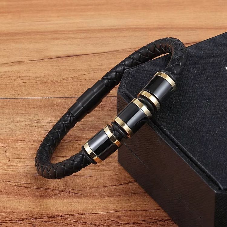 Black Braided Leather Bracelet With Black And Gold Accents image 5