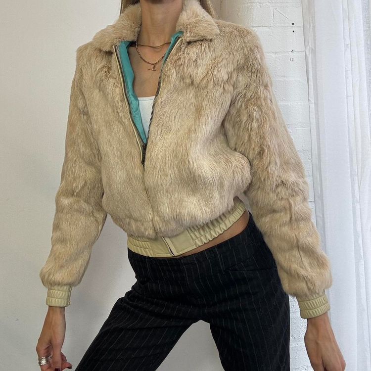 Beige Real Fur Bomber Jacket