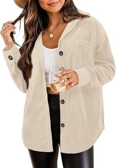 Beige Corduroy Button-Up Shirt Jacket obraz 3
