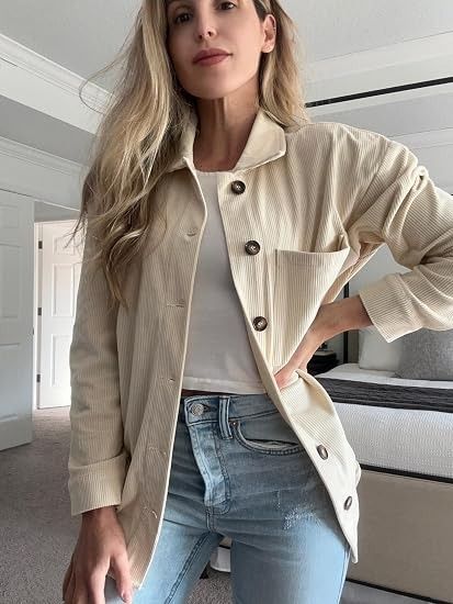 Beige Corduroy Button-Up Shirt Jacket obraz 1