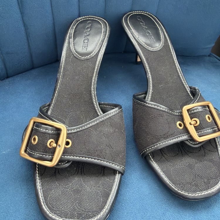 Coach Margot Sandal Signature Jacquard Black Buckle Kitten Heels Sz 4 USA 6 New image 1