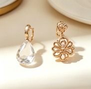 Gold Tone Earrings With Clear Crystal Drop And Floral Design image 1