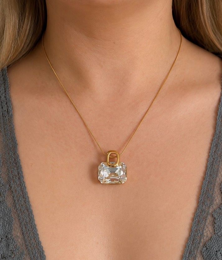 Gold plated Necklace With Large Clear Gem Pendant image 1