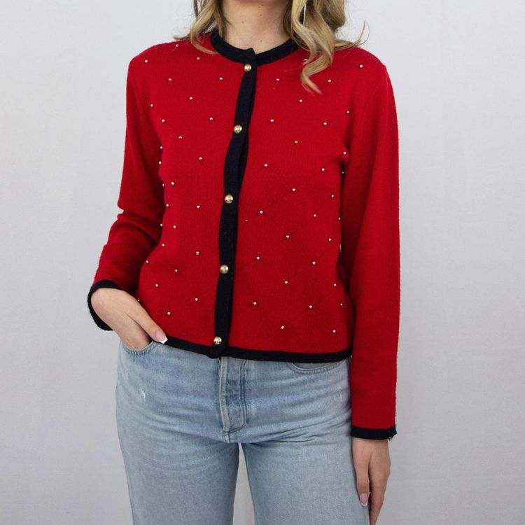red cardigan sweater