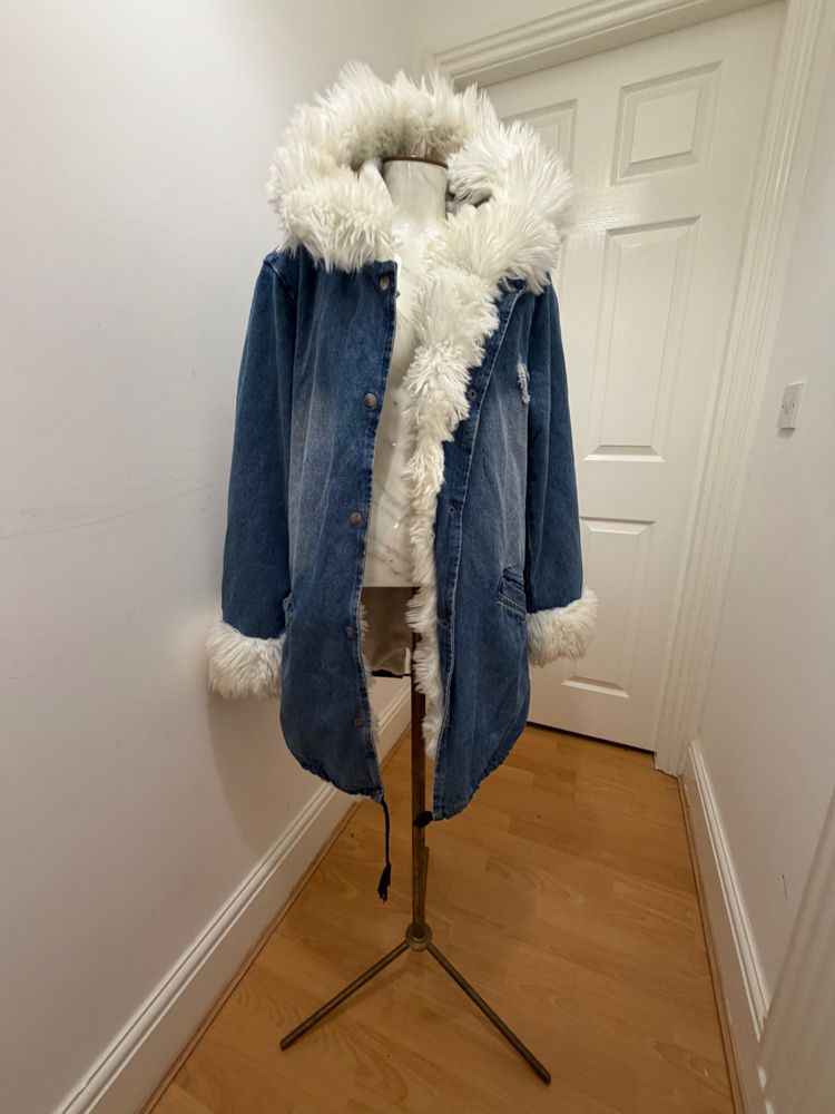 Denim Parker Coat With White Faux Fur Lining And Hood