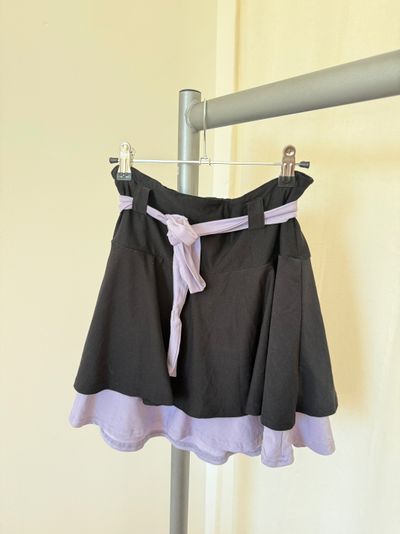 Black And Lavender Layered Skirt With Belt