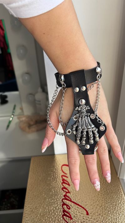 Black Leather Hand Bracelet With Metal Skeleton Hand Design
