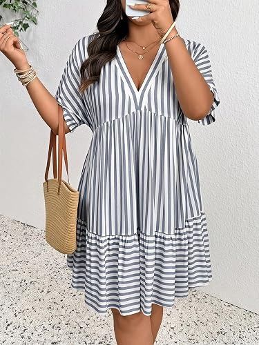 Striped V-Neck Short Sleeve Dress
