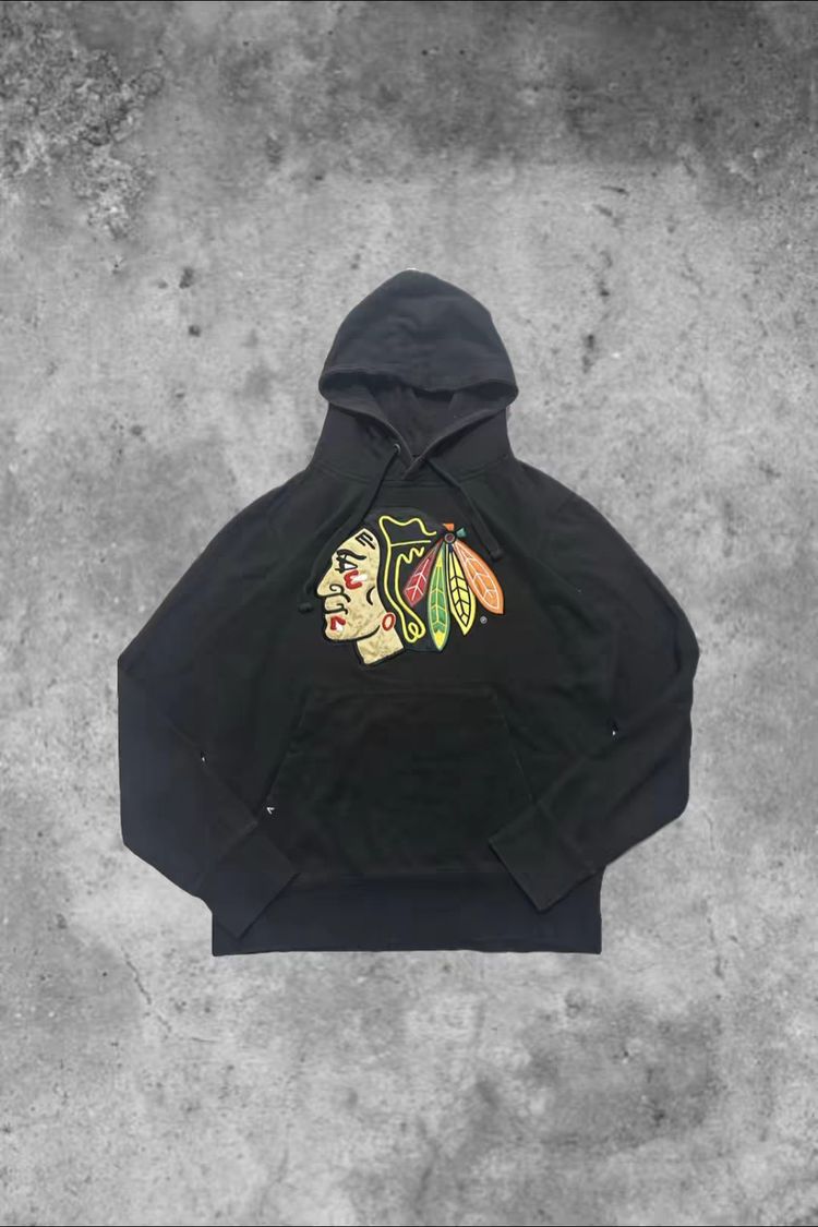 black hoodie with colorful Native American head logo