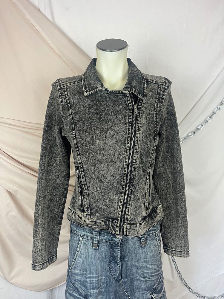 Other black acid wash denim jacket with asymmetrical zipper product image