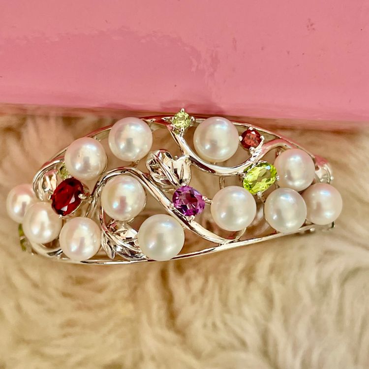Elegant 925 Silver Multi Gem Pearl Treasures Hinged Cuff Bangle Fine Jewelry BNWOT 10