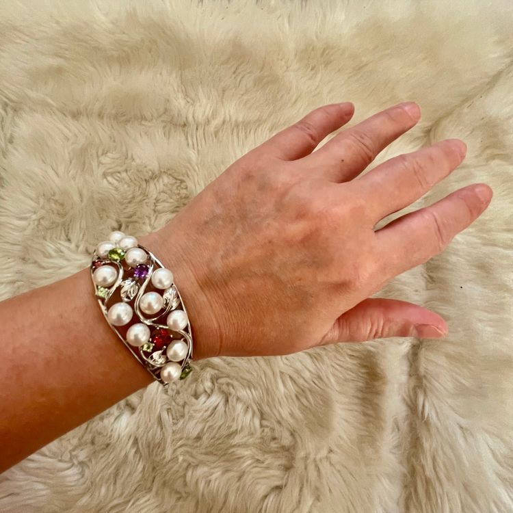 Elegant 925 Silver Multi Gem Pearl Treasures Hinged Cuff Bangle Fine Jewelry BNWOT  6
