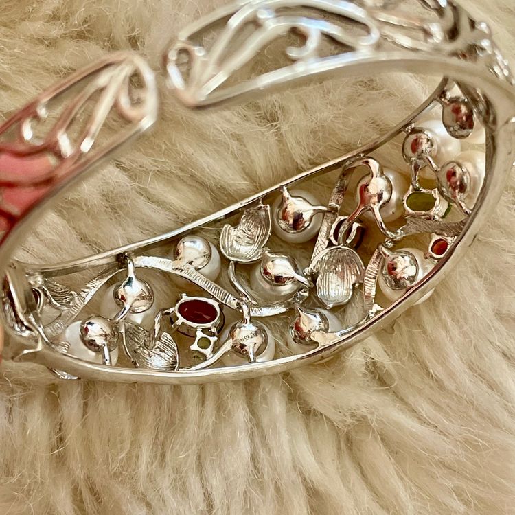 Elegant 925 Silver Multi Gem Pearl Treasures Hinged Cuff Bangle Fine Jewelry BNWOT 4