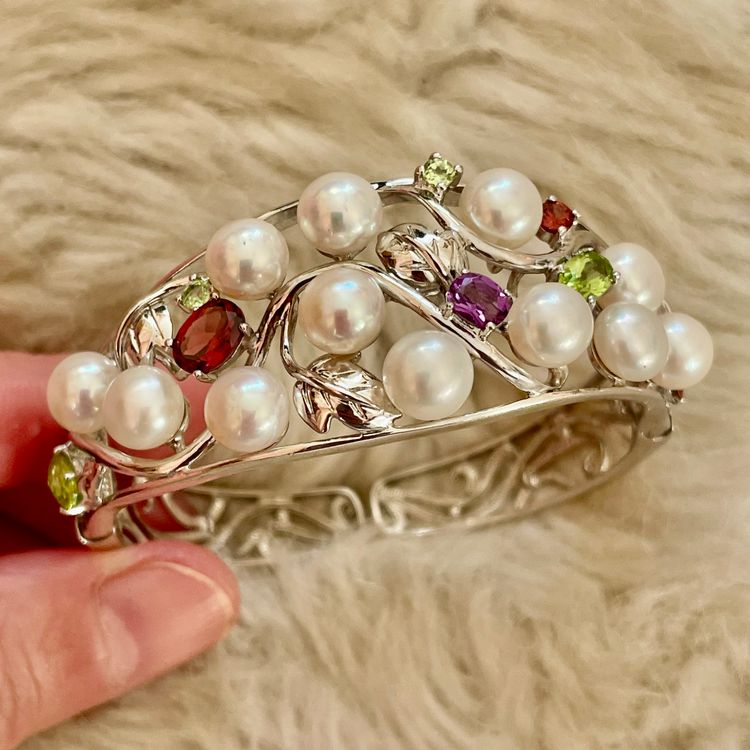 Elegant 925 Silver Multi Gem Pearl Treasures Hinged Cuff Bangle Fine Jewelry BNWOT  2