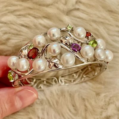 Elegant 925 Silver Multi Gem Pearl Treasures Hinged Cuff Bangle Fine Jewelry BNWOT 2