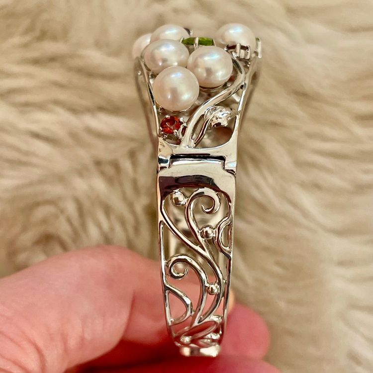 Elegant 925 Silver Multi Gem Pearl Treasures Hinged Cuff Bangle Fine Jewelry BNWOT  3
