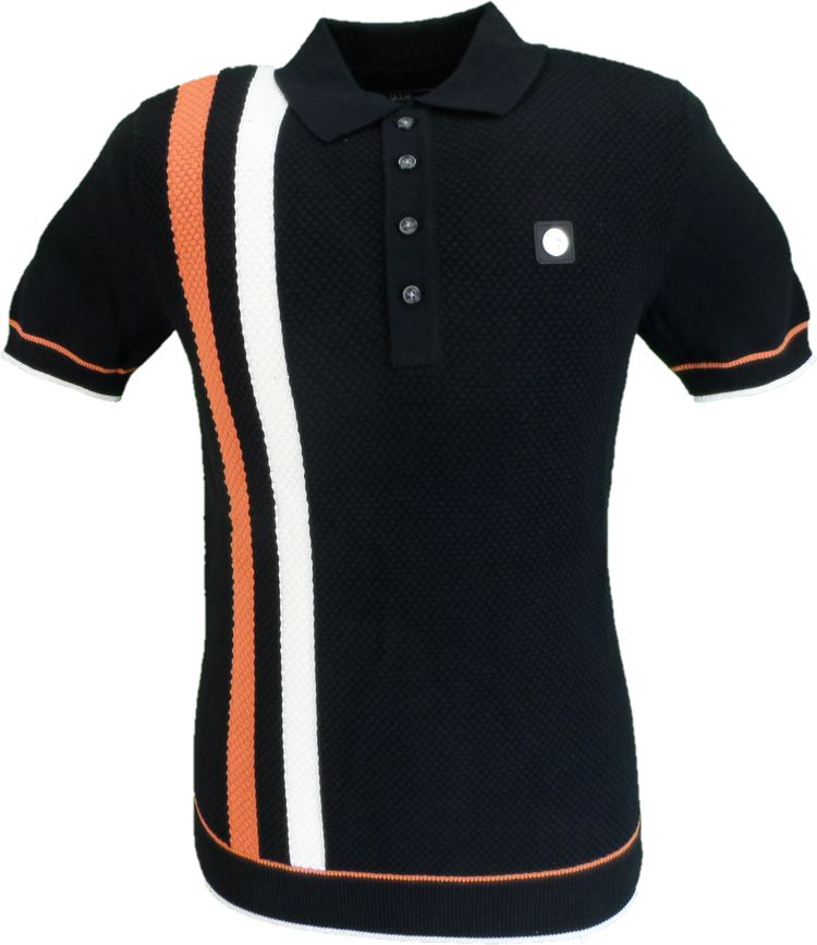 Trojan Mens Black Textured Racing Stripe Knitted Polo Shirt