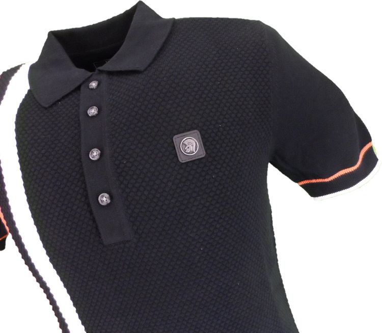 Trojan Mens Black Textured Racing Stripe Knitted Polo Shirt image 2