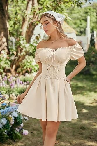 Immagine di Cream Off-Shoulder Dress With Corset Waist 3