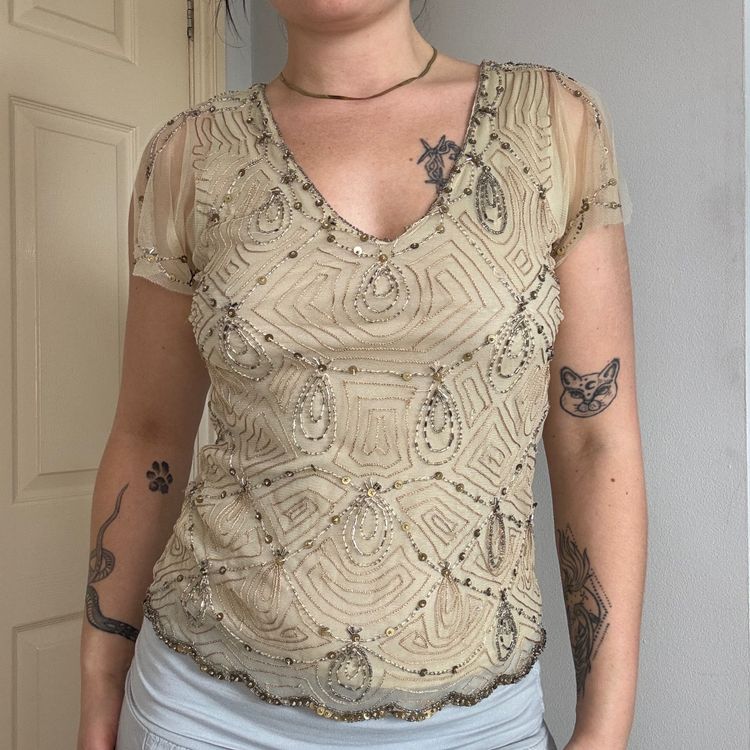 Beige Sequin Embellished Mesh Top