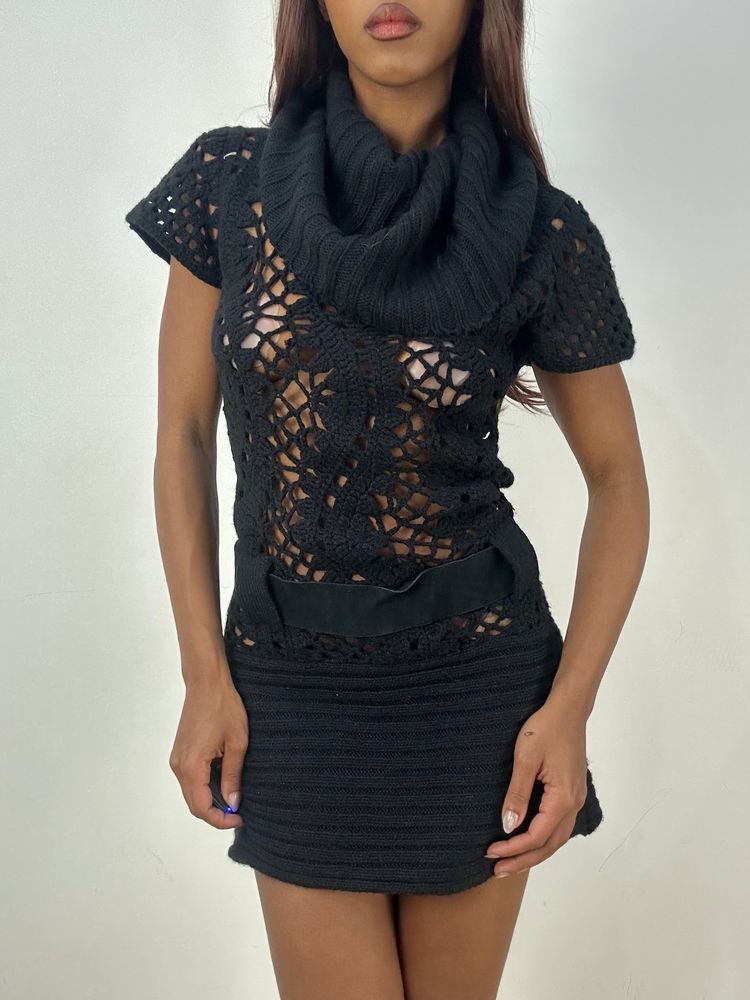 Other vintage edit thirty-three | small black crochet knit mini dress with belted waist product image