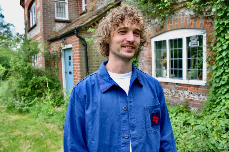 Blue Button-Up Work Jacket with Red Embroidery 3