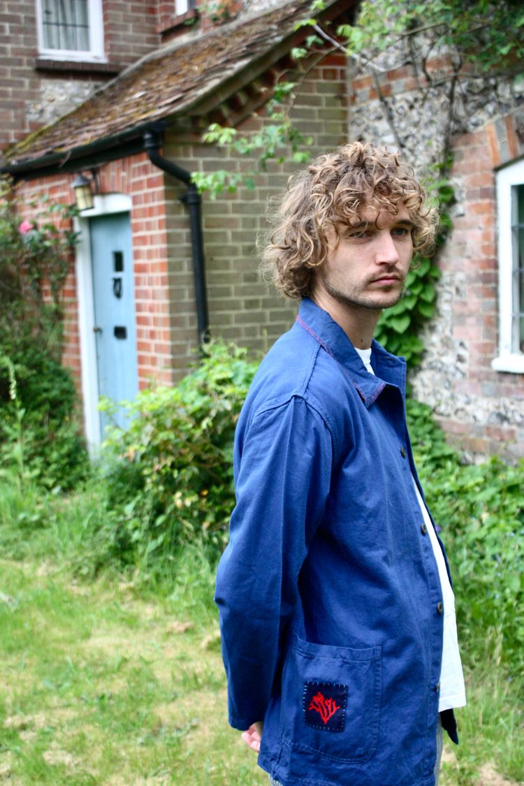 Blue Button-Up Work Jacket with Red Embroidery 2